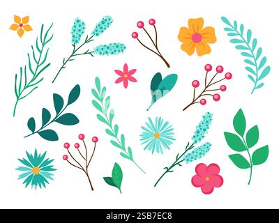 Buntes Set mit schlichtem Blumenmuster. Für Dekorationen und Designs. Vektorabbildung. Stock Vektor