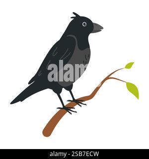 Schwarzer Vogel auf einem Zweig mit grünen Blättern in einer einfachen Illustration Stock Vektor