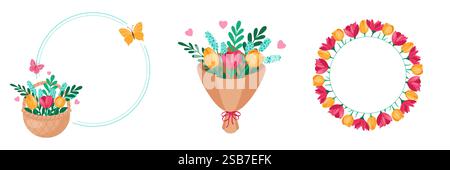 Set mit Elementen für Dekoration. Kranz mit Korb mit Blumen, Blumenstrauß, Rahmen aus Tulpen. Illustration des Federvektors. Isoliert. Stock Vektor