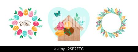 Frohe Ostern. Set mit Elementen für Dekoration. Kranz mit bunten Ostereiern, Blumen und Blättern, Vogelhaus. Illustration des Federvektors. Stock Vektor