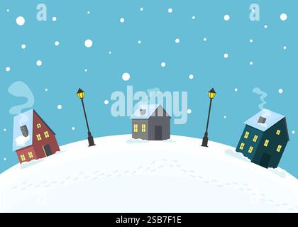 Farbenfrohe Lastwagen transportieren Weihnachtsbäume in einem verschneiten Dorf während der Winterzeit Stock Vektor