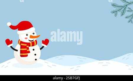 Fröhlicher Schneemann mit rotem Hut und Schal, der einen Wintertag in einer verschneiten Landschaft genießt Stock Vektor
