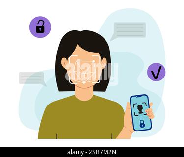 Frau Mit Gesichtserkennung Auf Dem Smartphone Stock Vektor