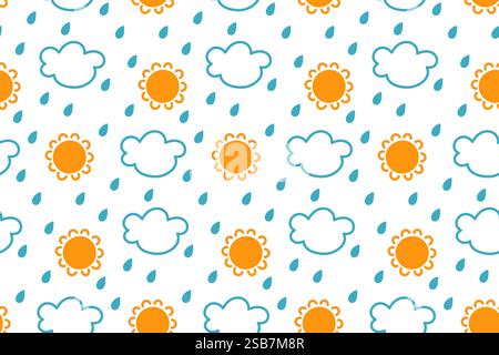 Buntes Wettermuster mit Sonne, Wolken und Regen auf hellem Hintergrund Stock Vektor