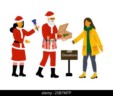 Feiertags-Wohltätigkeitsveranstaltung mit Weihnachtsmann und Freiwilligen, die Spenden in einem festlichen Rahmen sammeln Stock Vektor