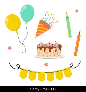 Farbenfrohe Partydekorationen mit Ballons, Kuchen und Kerzen für eine festliche Feier Stock Vektor