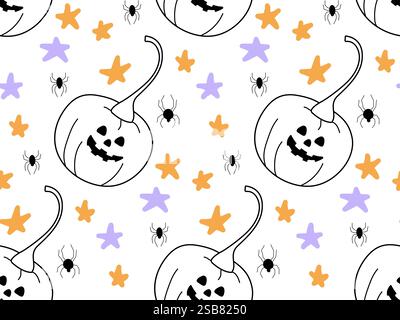 Nahtloses Muster Halloween Hintergrund mit Kürbissen und Geistern handgezeichnetem Design im Cartoon-Stil Stock Vektor