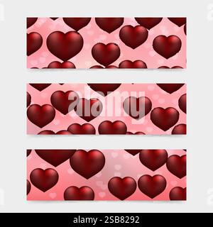 Set mit 3 horizontalen Bannern für den Valentinstag. Rote Herzen auf weichem rosa Hintergrund. Vektorvorlage für Website, soziale Medien usw. Stock Vektor