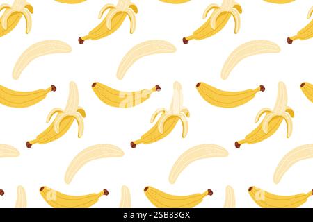 Buntes Bananenmuster auf weißem Hintergrund mit ganzen und geschälten Bananen Stock Vektor