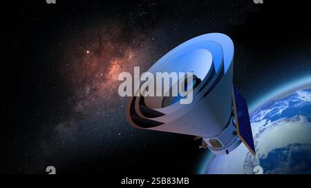 3D-Modell des SphereX-Weltraumteleskops, erstellt, um den kosmischen Raum in 102 Infrarotfarben zu kartieren. Teleskop umkreist den Planeten Erde gegen eine Galaxie im Hinterland Stockfoto