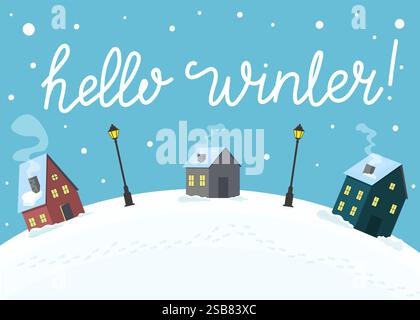 Bezauberndes Winterdorf mit bunten Häusern und Schnee vor einem hellblauen Himmel Stock Vektor