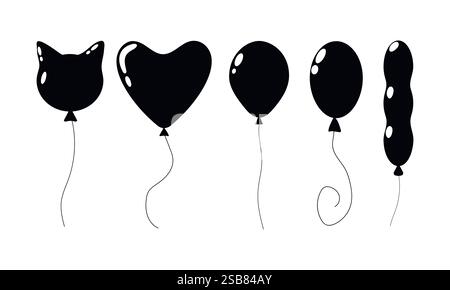 Verschiedene Ballonformen, darunter Katzen-, Herz- und ovale Designs in schwarzer Farbe Stock Vektor
