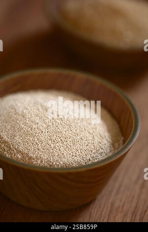 Aktivhefe-Granulat in kleiner Schüssel, brauner Zucker im Rücken, mit natürlichem Licht auf Holzbrett fotografiert (sehr geringe Feldtiefe) Stockfoto