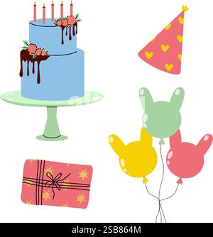 Festungselemente mit Kuchen, Ballons, Partyhut und Geschenk vor farbenfroher Kulisse Stock Vektor