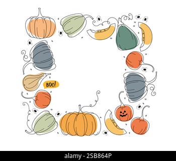 Happy Halloween drei lächelnde Kürbisse und Spinne, Hut, Süßigkeiten. Stock Vektor