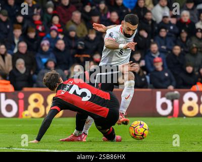 Bournemouth, Großbritannien. Februar 2025. Bournemouth Bournemouth, England, 1. Februar 2025: Der Liverpool Mohamed Salah (rechts) kämpft im Vitality Stadium in Bournemouth, England, gegen Milos Kerkez aus Bournemouth. (David Horton/SPP) (David Horton/SPP) Credit: SPP Sport Press Photo. /Alamy Live News Stockfoto