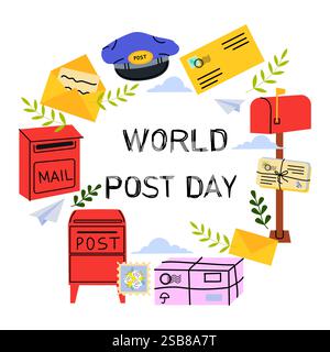 Wir feiern den Weltposttag mit globalen Verbindungen und Posttraditionen am 9. Oktober Stock Vektor