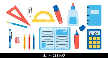 Set aus verschiedenen Schul- und Bildungsmaterialien. Vektor-Illustration in flachem Cartoon-Stil. Stock Vektor