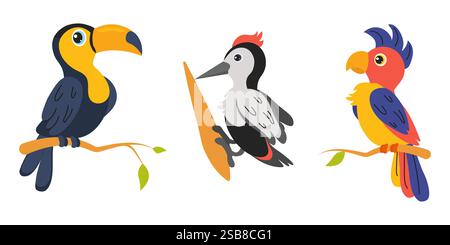 Farbenfrohe tropische Vögel auf Ästen in einer lebendigen Illustration Stock Vektor