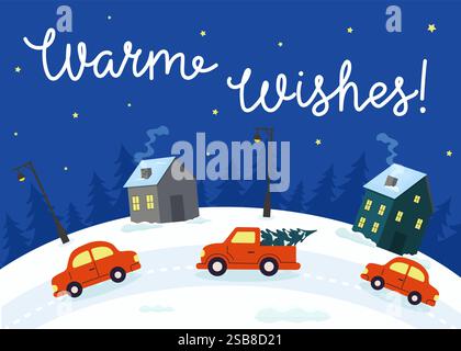 Warme Wünsche in einer verschneiten Landschaft mit Autos und Häusern während der Wintersaison Stock Vektor