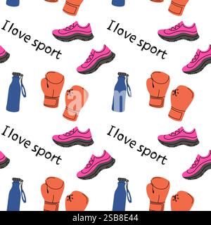 Farbenfrohes Muster mit Sportausrüstung und verspieltem Text über die Liebe zu sportlichen Aktivitäten Stock Vektor