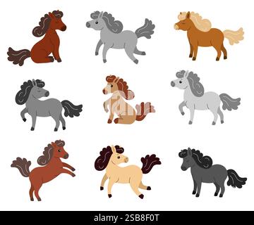 Farbenfrohe Cartoon-Ponys genießen Spielzeit in einer skurrilen Umgebung Stock Vektor