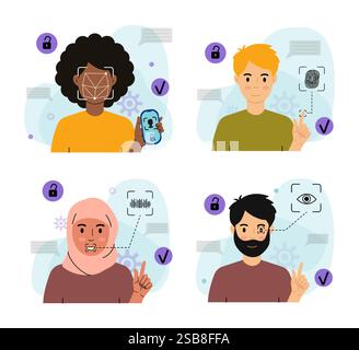 Verschiedene Personen, Die Biometrische Authentifizierung Verwenden Stock Vektor