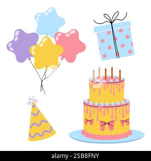 Farbenfrohe Elemente für Geburtstagsfeiern mit Ballons, Kuchen und Geschenken in festlicher Anordnung Stock Vektor