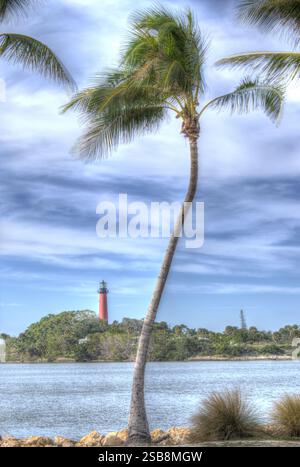 Jupiter Lighthouse mit Palme im Vordergrund. Stockfoto