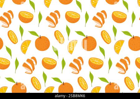Buntes Muster aus orangen Fruchtscheiben und Blättern auf weißem Hintergrund für lebendige Designs Stock Vektor