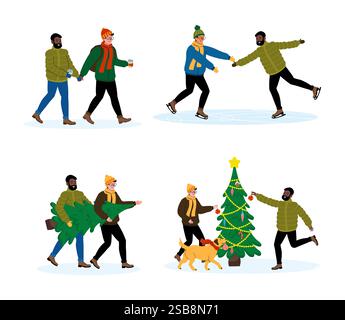 Freunde genießen Winteraktivitäten und bereiten sich auf die Weihnachtszeit im Freien vor Stock Vektor