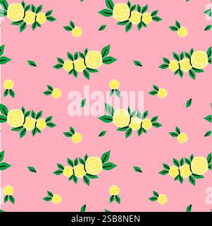 Gelbes Rosenmuster auf rosafarbenem Hintergrund Stock Vektor