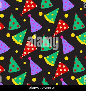 Farbenfrohe Feierhüte sorgen für ein fröhliches Muster auf dunklem Hintergrund für festliche Anlässe Stock Vektor