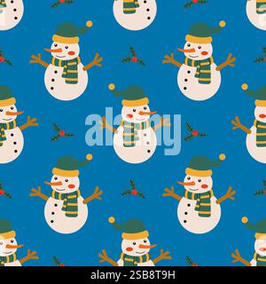 Fröhliches Schneemannmuster mit farbenfrohen Tüchern und Winterdekorationen auf blauem Hintergrund Stock Vektor
