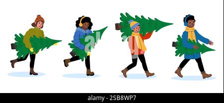 Menschen, die im Winter Weihnachtsbäume tragen, in einer festlichen Umgebung im Freien Stock Vektor