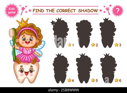 Süße Zauberzahn-Feenprinzessin, finde die richtige Schattenform. Kinderpädagogik Puzzlespiel. Fantasy-Mädchen mit Zahnbürste. Silhouette suchen. Vektor Stock Vektor