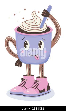Grooviger Kaffeetasse Charakter, Farbvektor-Kritzelei, trendiger verspielter Karikatur kleiner Mann in großen Schuhen. Illustration für den nationalen Kaffeetag Stock Vektor