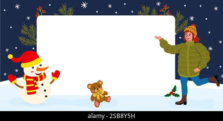 Winterszene mit einem Schneemann, einem Mädchen und einem Teddybären in einer verschneiten Landschaft Stock Vektor