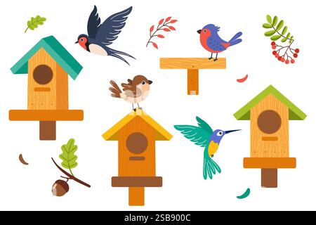 Farbenfrohe Vögel und Vogelhäuser in einem lebendigen Garten im Frühling Stock Vektor