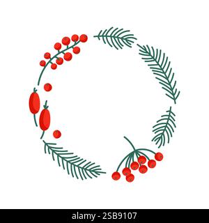 Farbenfrohe runde Kranzmuster mit Beeren und Grün auf weißem Hintergrund Stock Vektor