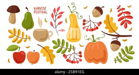 Sammlung herbstlicher Attribute, herbstliche Elemente. Vektorsatz von Herbstsymbolen oder -Aufklebern, Herbstkarte. Stock Vektor