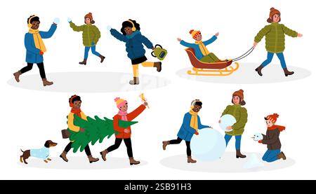 Winterspaß mit Freunden in einem verschneiten Viertel, das Aktivitäten und Erinnerungen genießt Stock Vektor