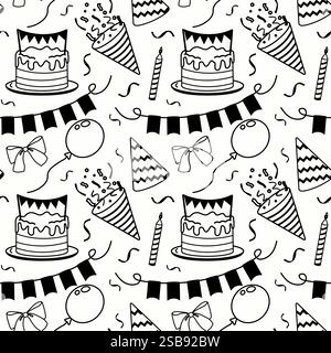 Festliche Muster mit Kuchen, Ballons und Partyhüten für festliche Anlässe Stock Vektor