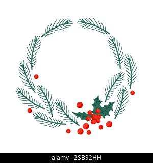Festlicher Kranz aus immergrünen Zweigen und roten Beeren zur Weihnachtsdekoration Stock Vektor