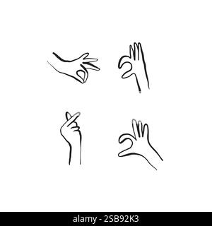 Handkollektion von Illustrationen in handgezeichnetem Stil. Vektorillustration der Hände. Strichkunst in minimalistischem Stil. Logodesign, Poster, Karten. Stock Vektor