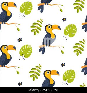 Farbenfrohes tropisches Muster mit Tukanen und Blättern in lebendigem Design Stock Vektor