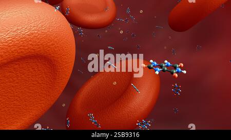 3D-Rendering von Harnsäuremolekülen und roten Blutkörperchen. Eine Hyperurikämie tritt auf, wenn zu viel Harnsäure im Blut vorhanden ist. Stockfoto
