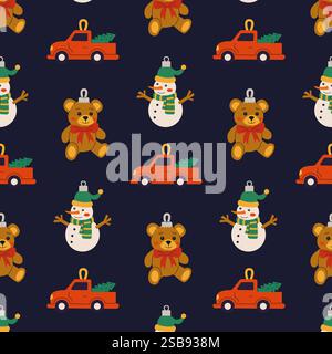 Buntes Weihnachtsmuster mit Teddybären, Schneemännern und roten Trucks auf dunklem Hintergrund Stock Vektor