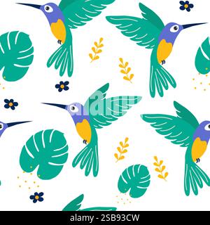 Bunte Kolibri und tropische Pflanzen schaffen ein lebendiges Muster auf weißem Hintergrund Stock Vektor