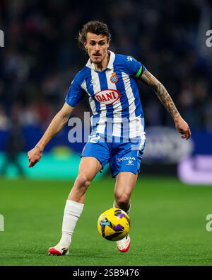 Barcelona, Spanien. Februar 2025. Barcelona, Spanien, 1. Februar 2025: Carlos Romero von RCD Espanyol während des Fußballspiels La Liga EA Sports zwischen RCD Espanyol und Real Madrid im RCDE-Stadion in Barcelona, Spanien (Judit Cartiel/SPP) Credit: SPP Sport Press Photo. /Alamy Live News Stockfoto